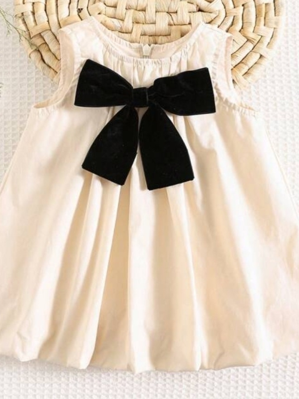Classic Cream Girls' Dress with Black Velvet Bow